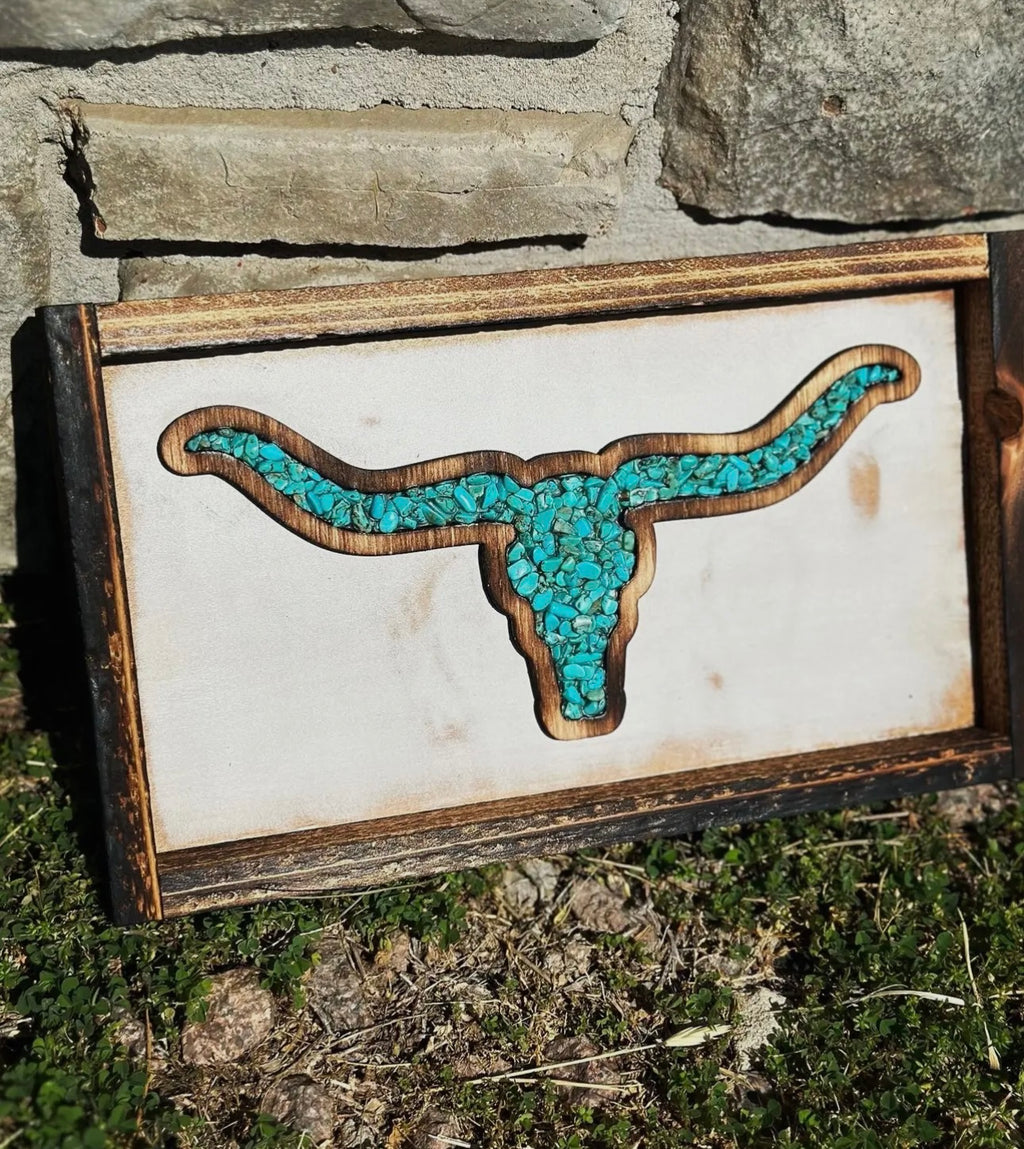 Western Turquoise Longhorn Sign-White