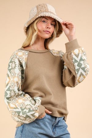 Aztec Printed Sleeve Cozy Knit Top