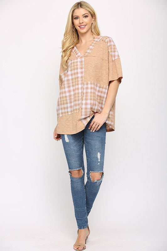 Plaid Color-block Top (Sand)