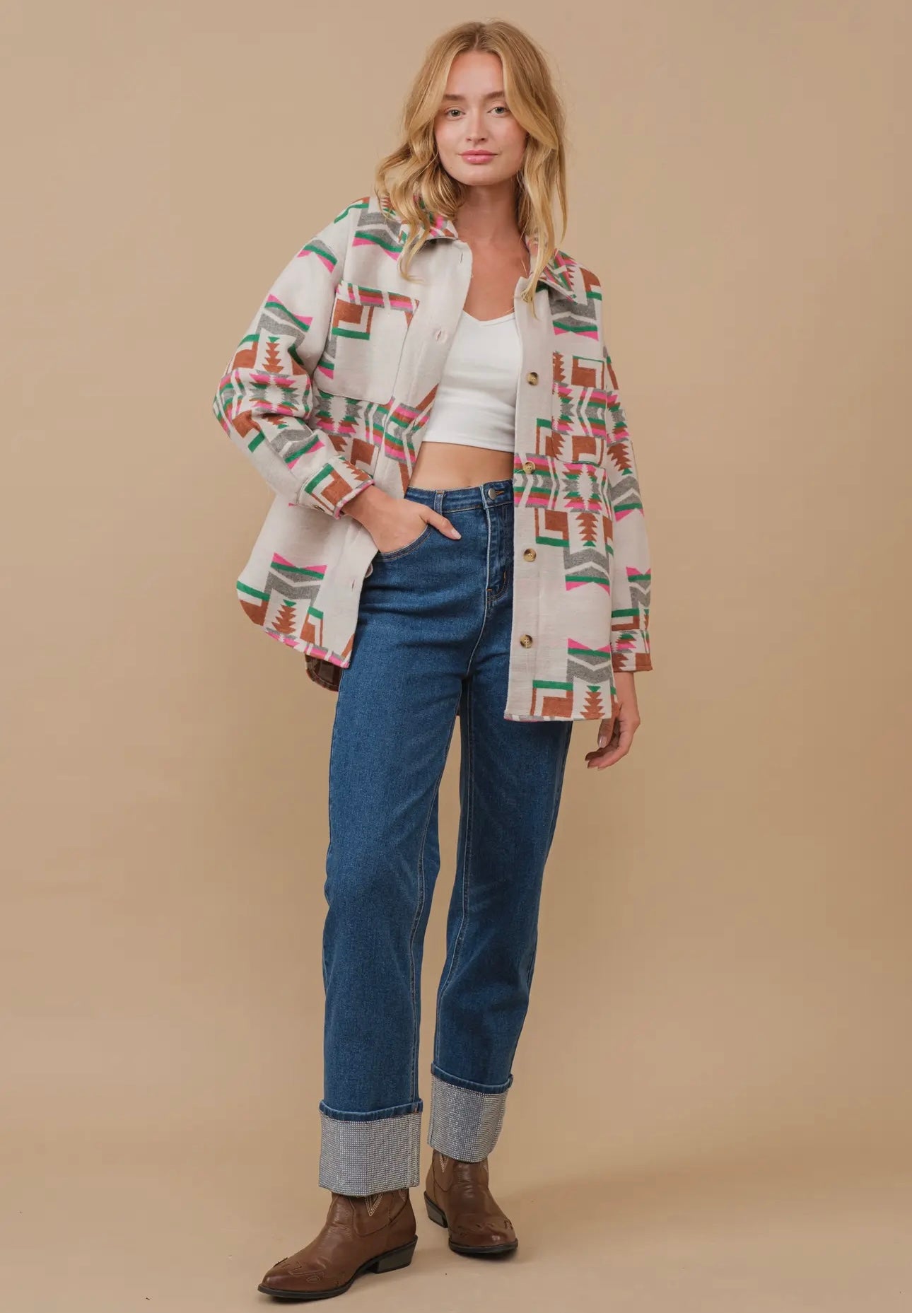 Adalaya Aztec Button Up Shacket