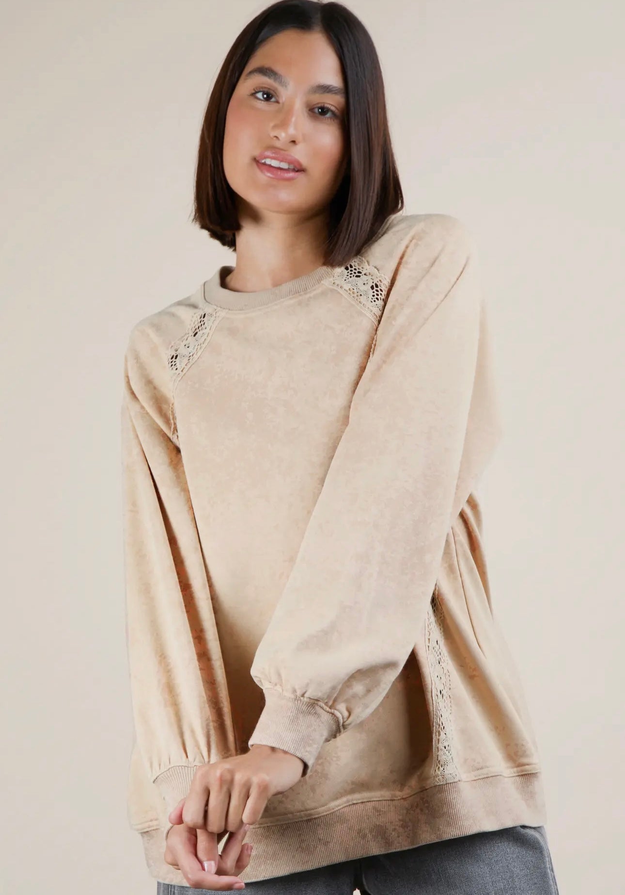 Lace Trim Mineral Washed Top (Natural)