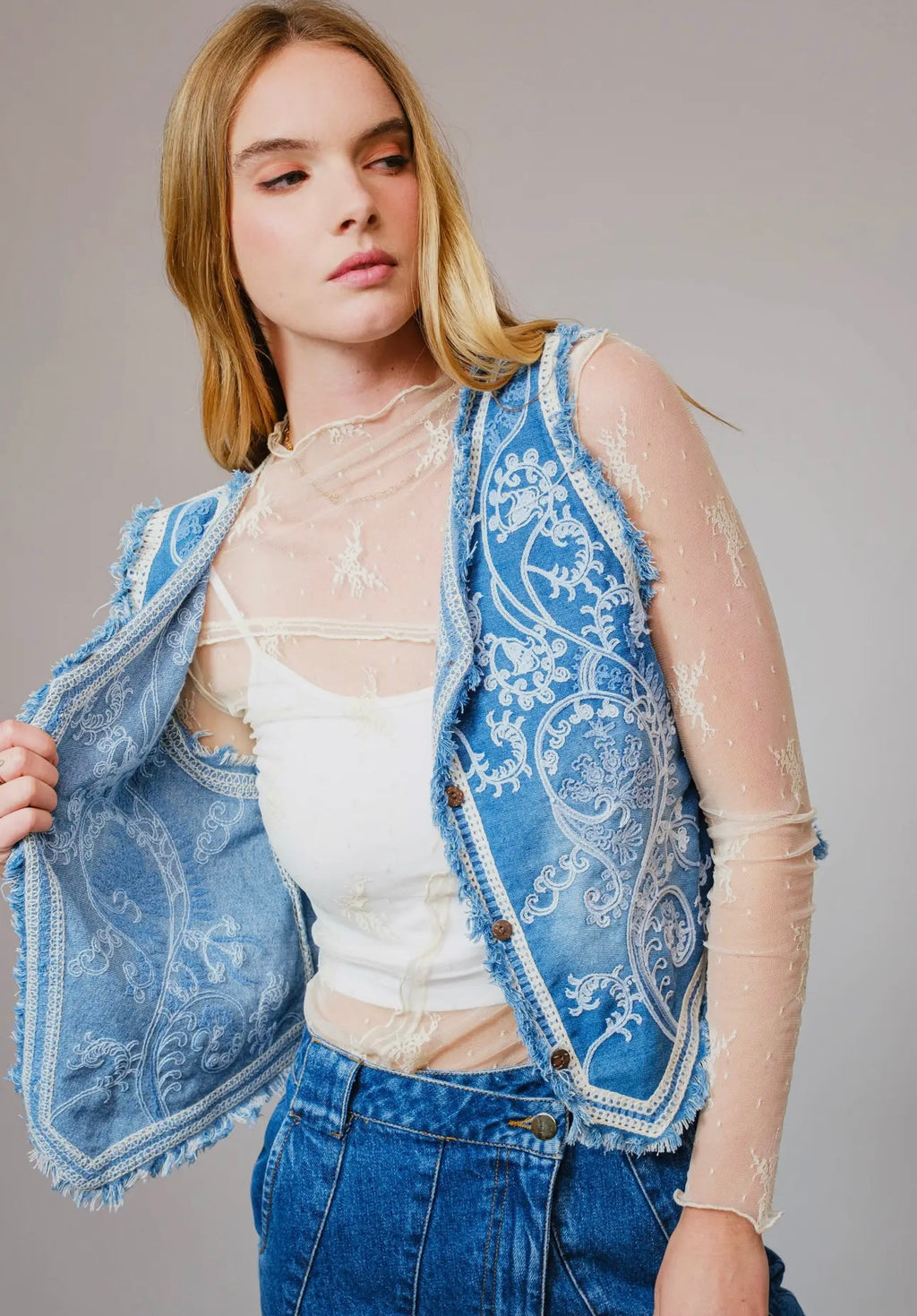 Embroidered Denim Vest