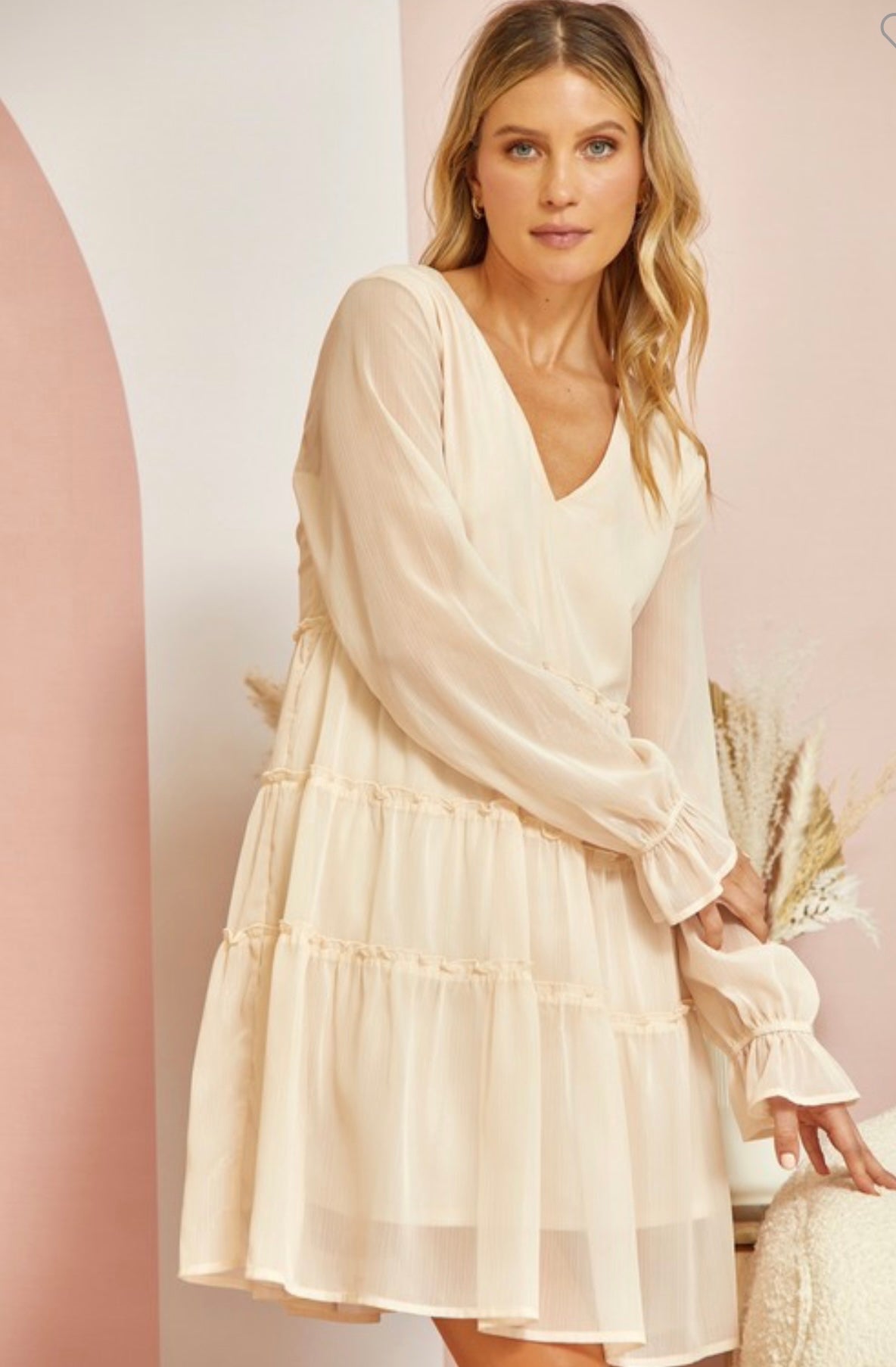 champagne tiered dress Champagne Ruffled Tiered Bow-Tie Vintage Princess Dress Long Puffed Sleeve Quinceanera Dresses 25047 Champagne / US6