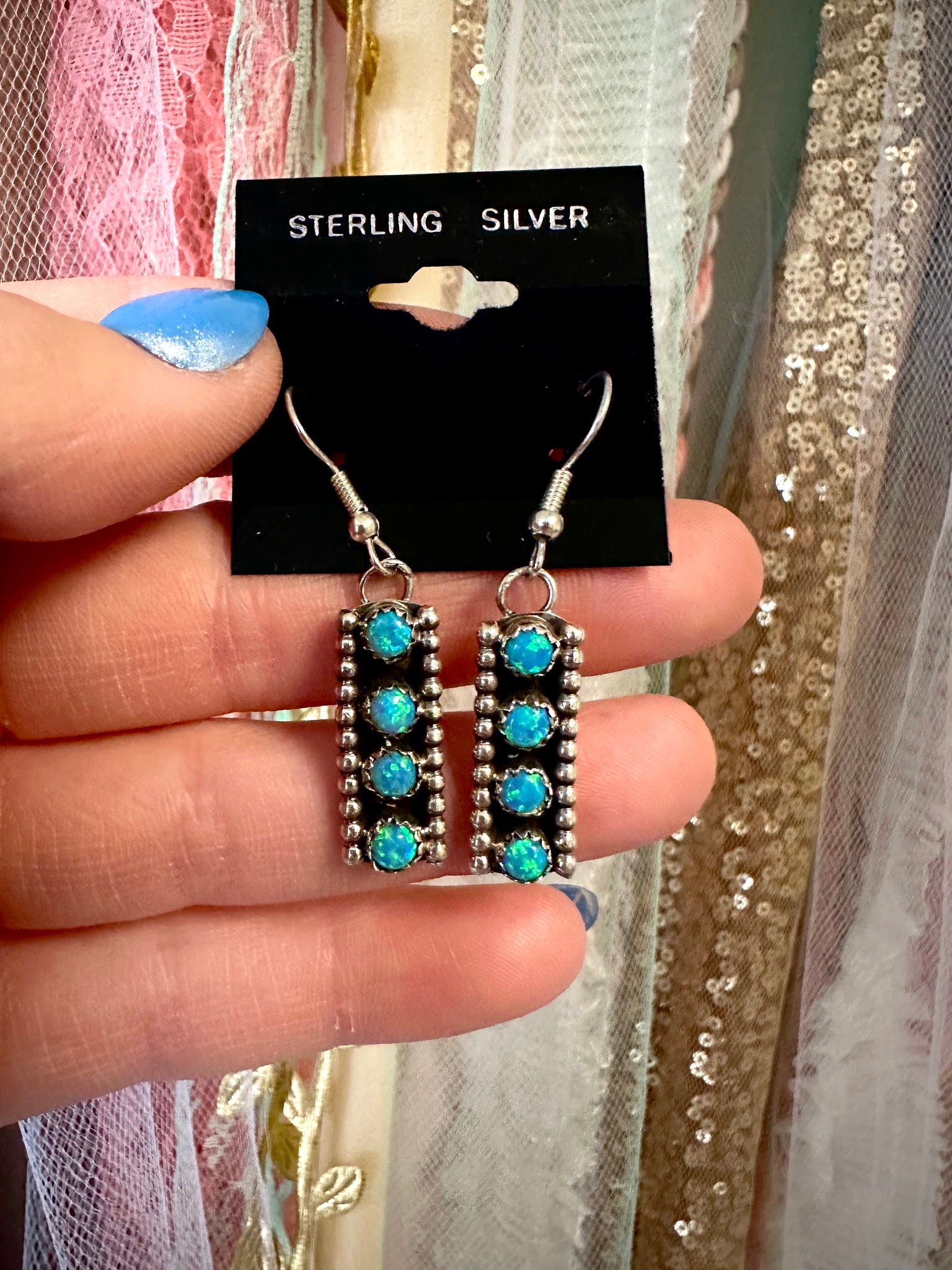 Sterling Silver & Blue Opal Dangle Earrings