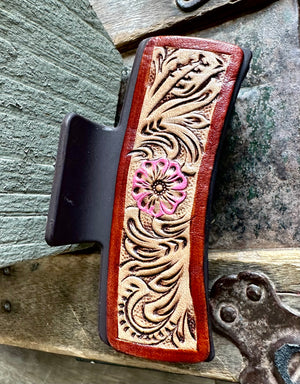 Tooled Pink Flower Claw Clip 4”