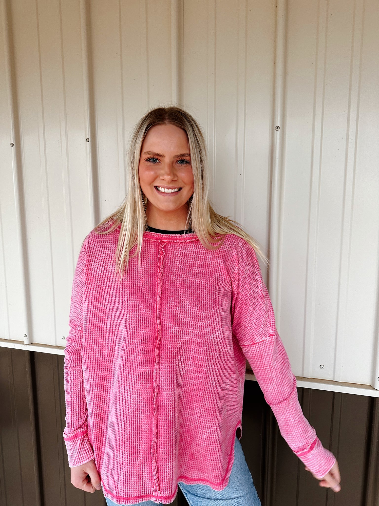 Hot Pink Waffle Knit Oversized Top