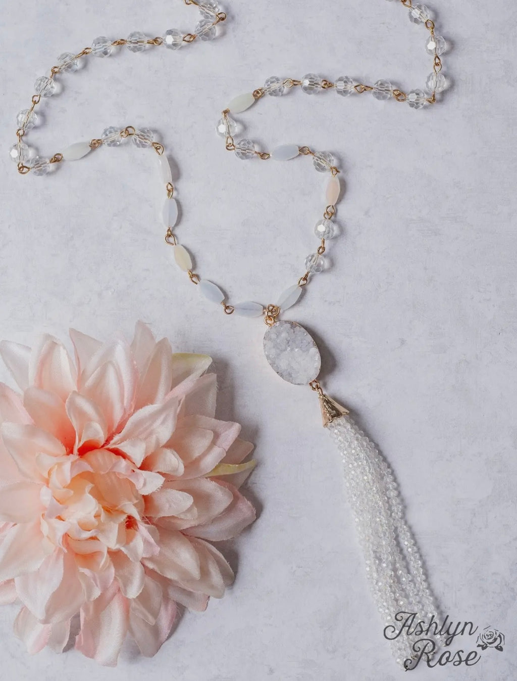 Glamours Always White Druzy Stone Pendant Clear Beaded Tassel Necklace
