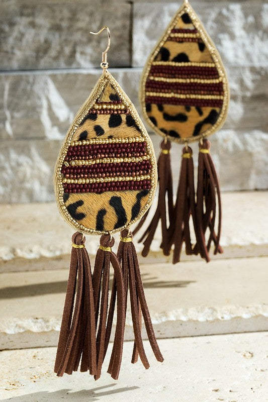 Brown Seed Bead and Tassel Earrings