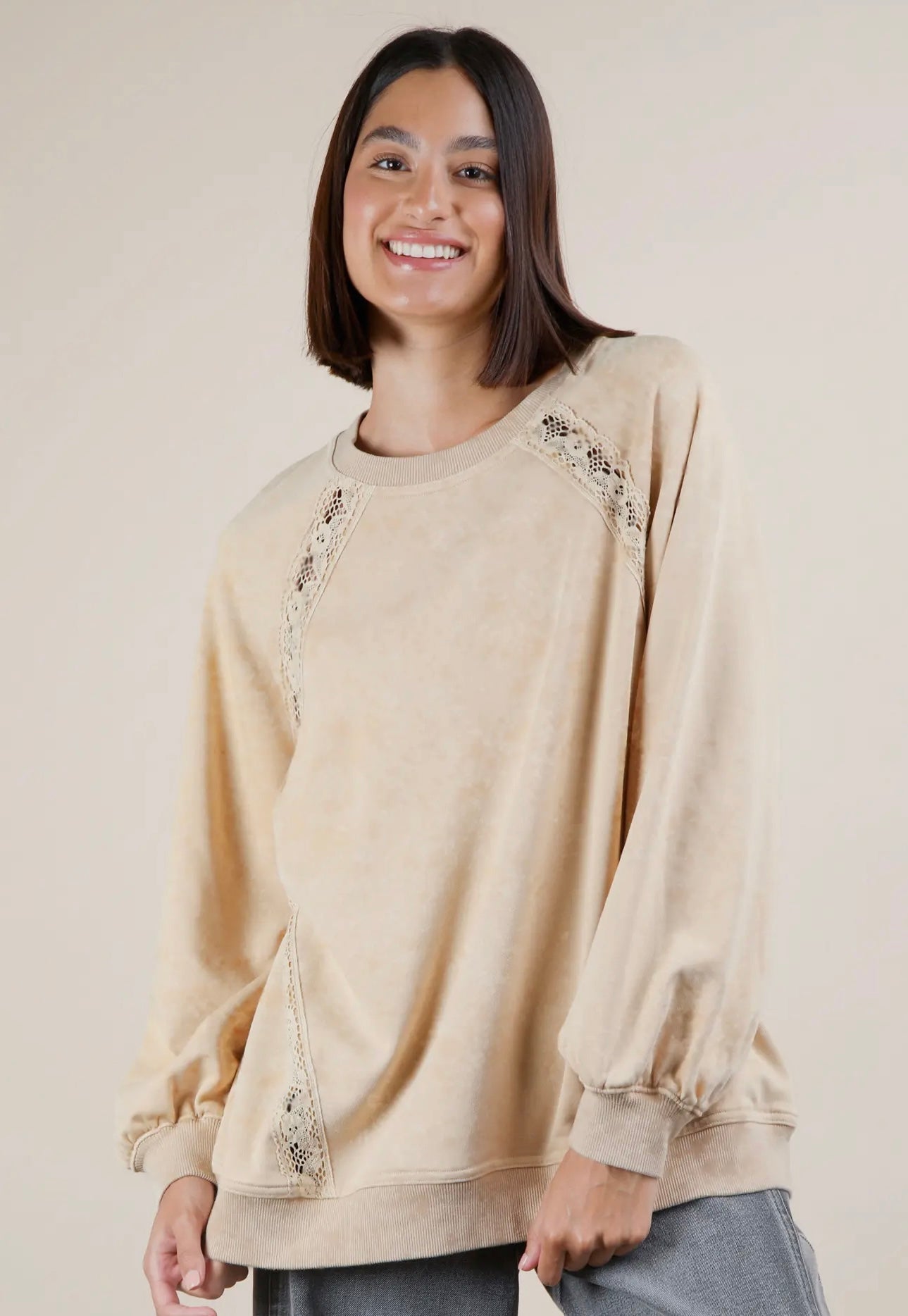Lace Trim Mineral Washed Top (Natural)