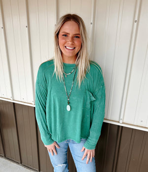 Kelly Green Ribbed Dolman Sleeve Round Neck Top