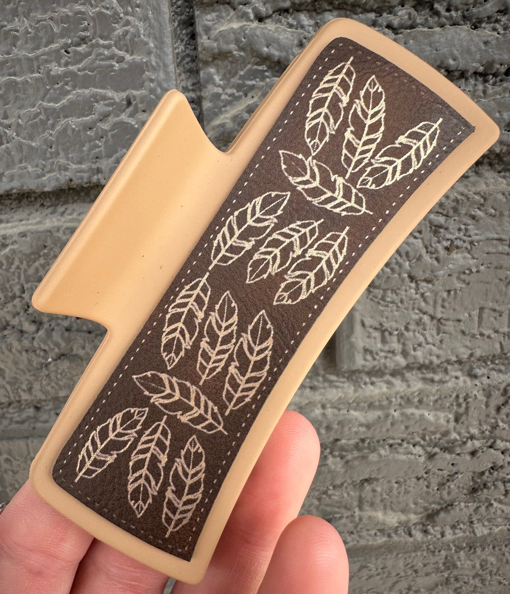 Feather Engraved Leatherette Taupe Hair Claw