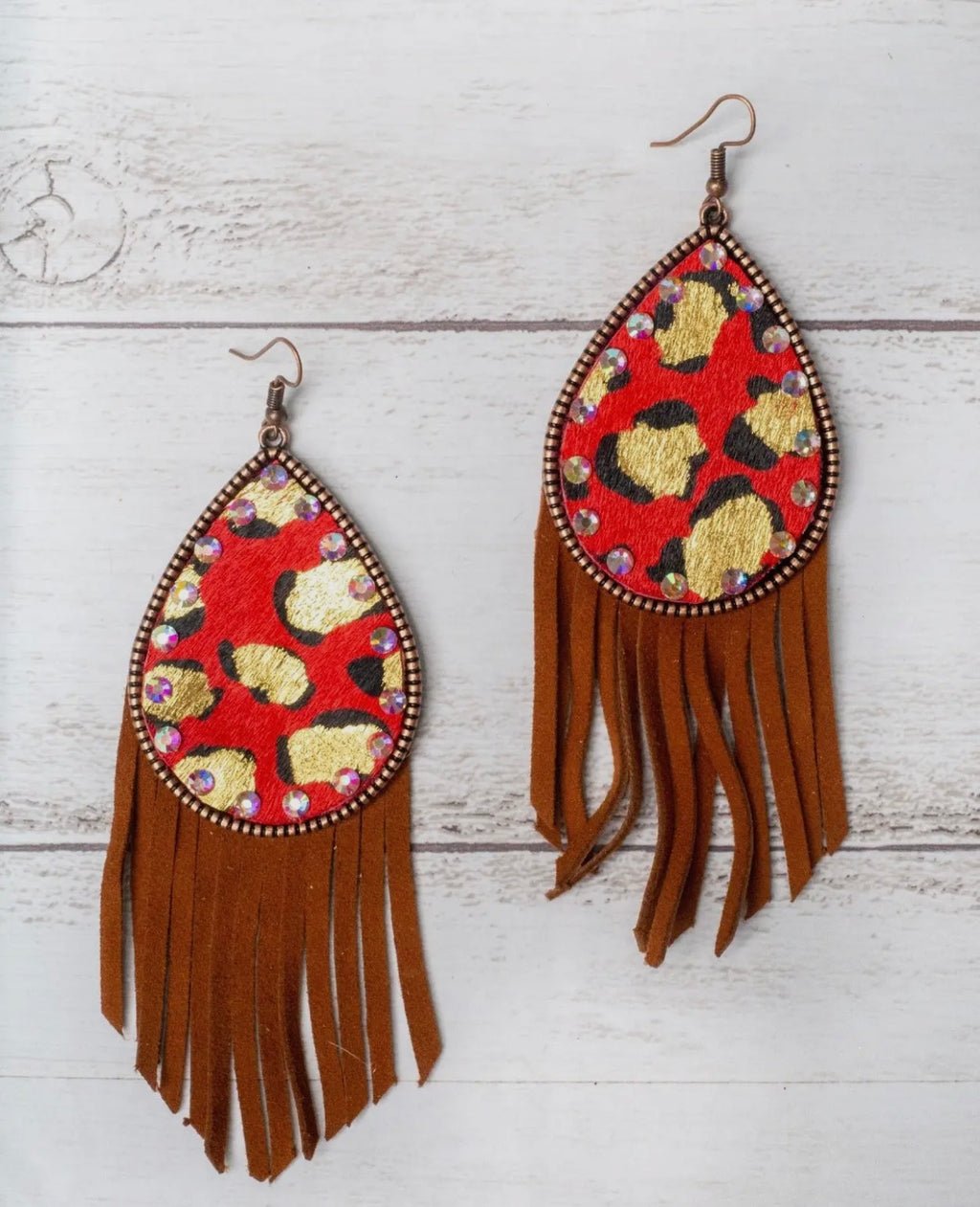 Get in Cowgirl, We Goin' To Nfr Red Leopard Teardrop Brown Fringe Earrings