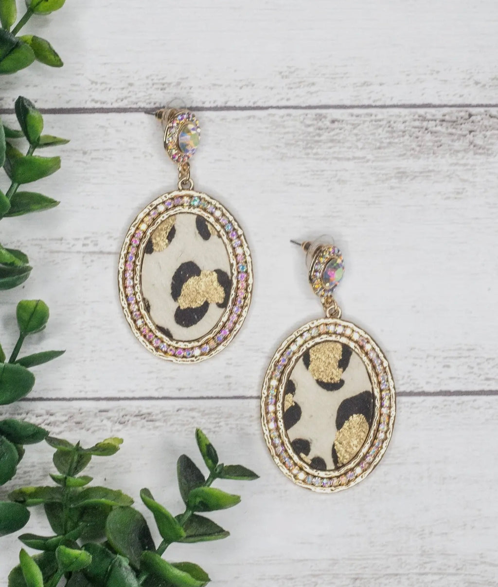 Cowboy Killer Oval Crystal Gold Leopard Earrings