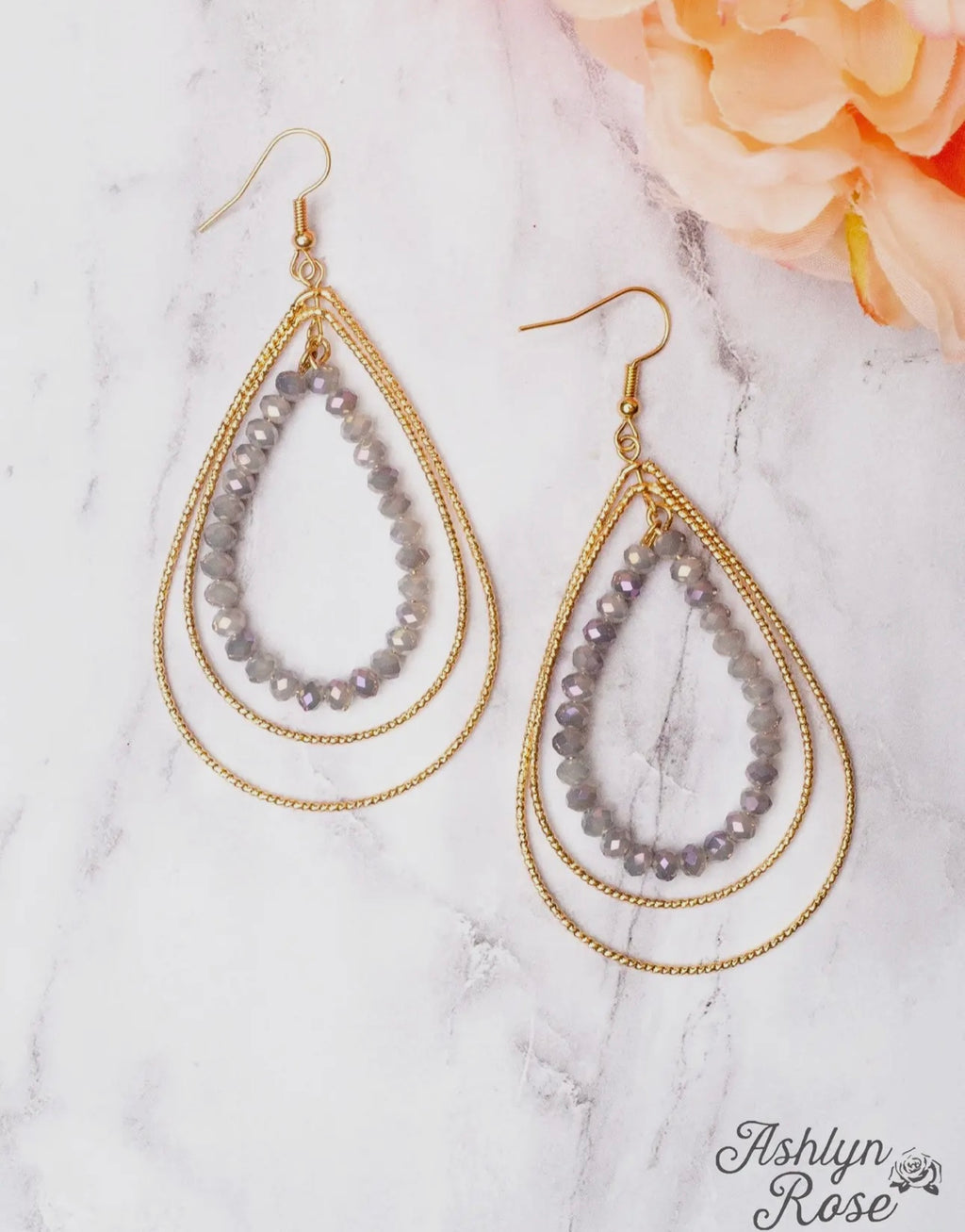 Gold Teardrop Grey Crystal Beaded Hoop Earrings