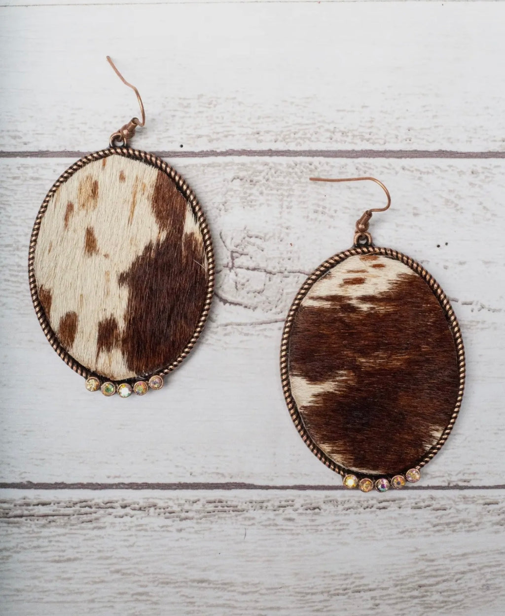 Feelin' Ranchy Brown White Cowhide Oval Copper Earrings with Iridescent Crystals