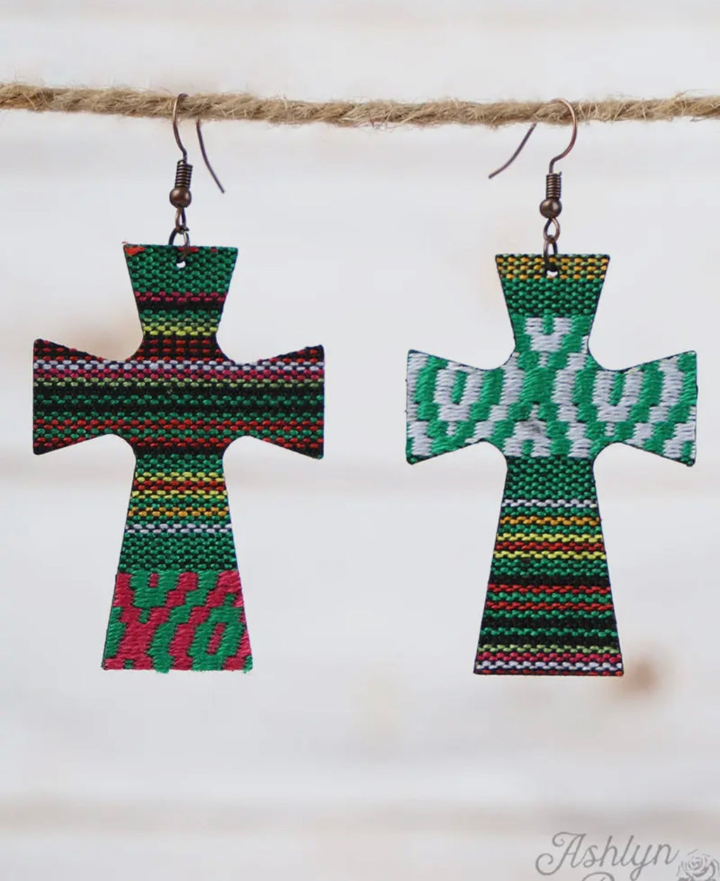 Green Serape Leather Cross Earrings, Copper