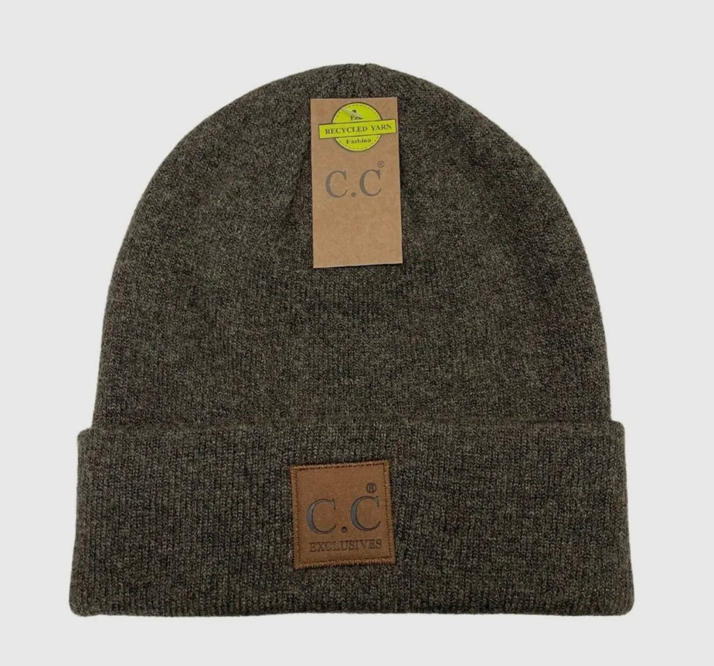 Unisex Ribbed Leather Patch C.C Beanie (Heather Moss)