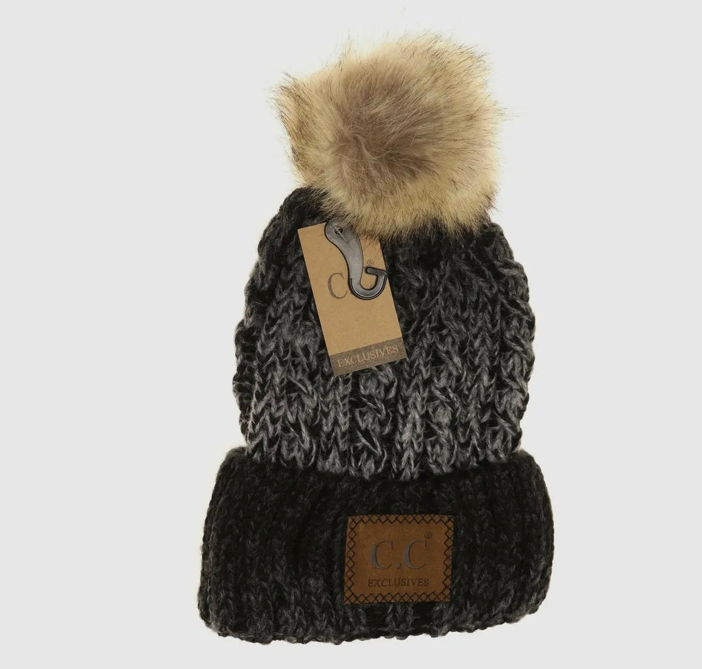 Two-Tone Ombre Vintage Faux Fur Pom Beanie