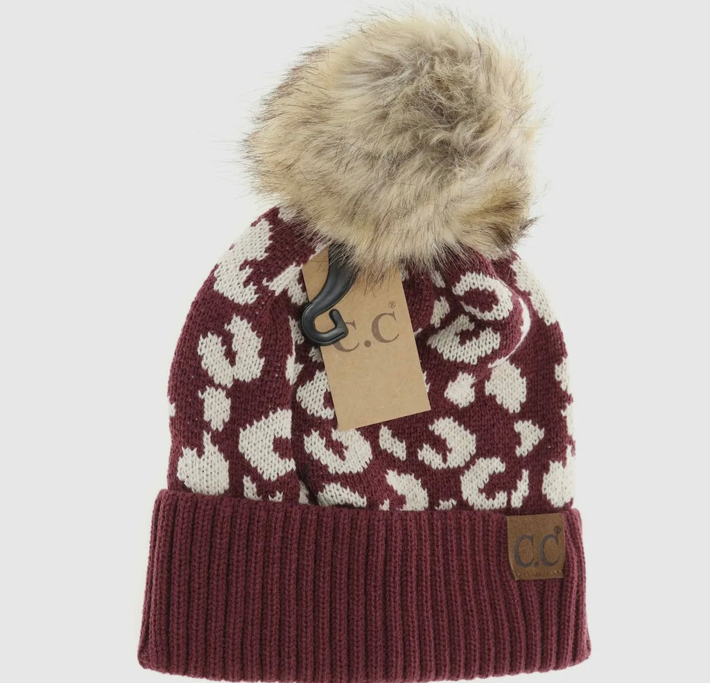 Leopard Pattern Fur Pom Beanie