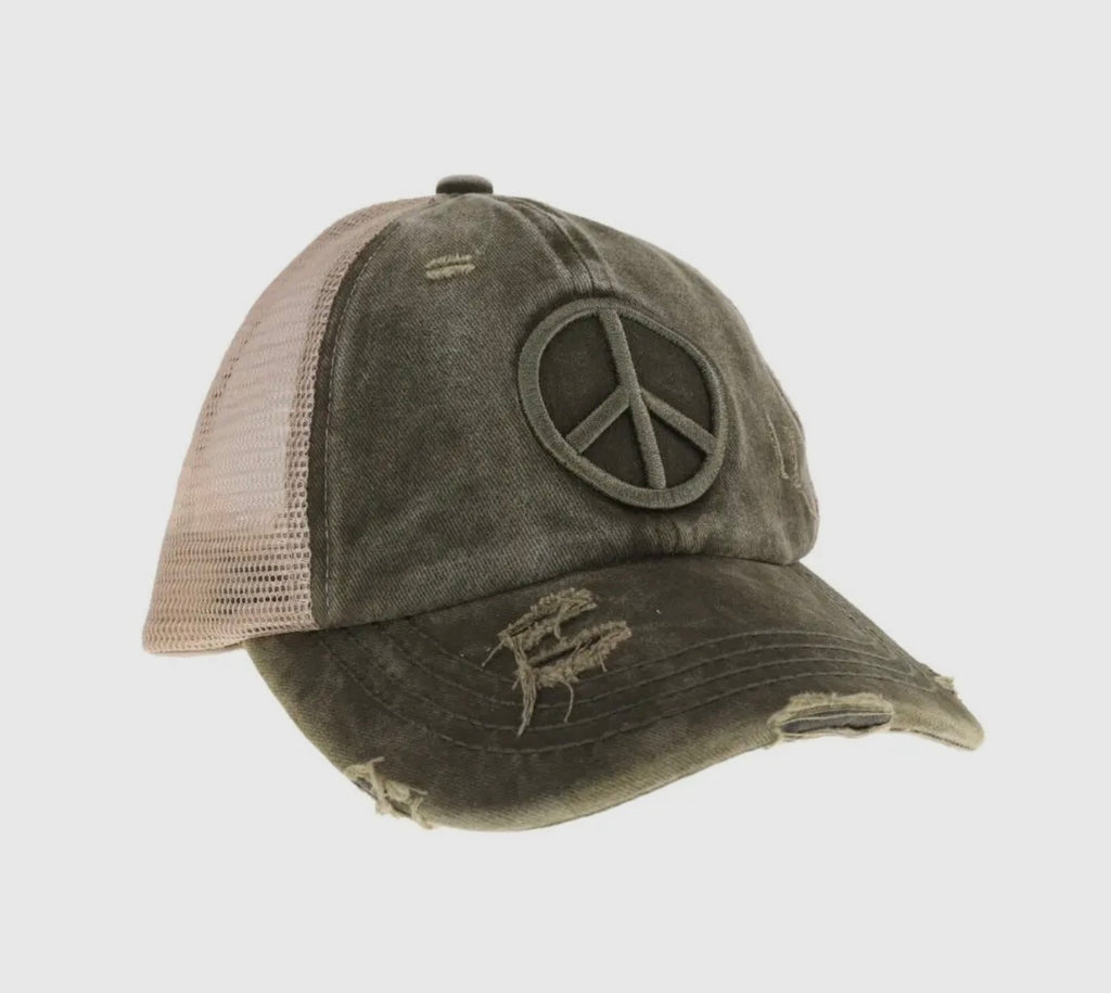 Distressed Embroidered Peace Sign Criss Cross Cap