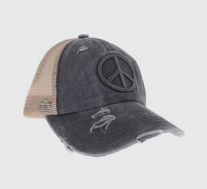 Distressed Embroidered Peace Sign Criss Cross Cap