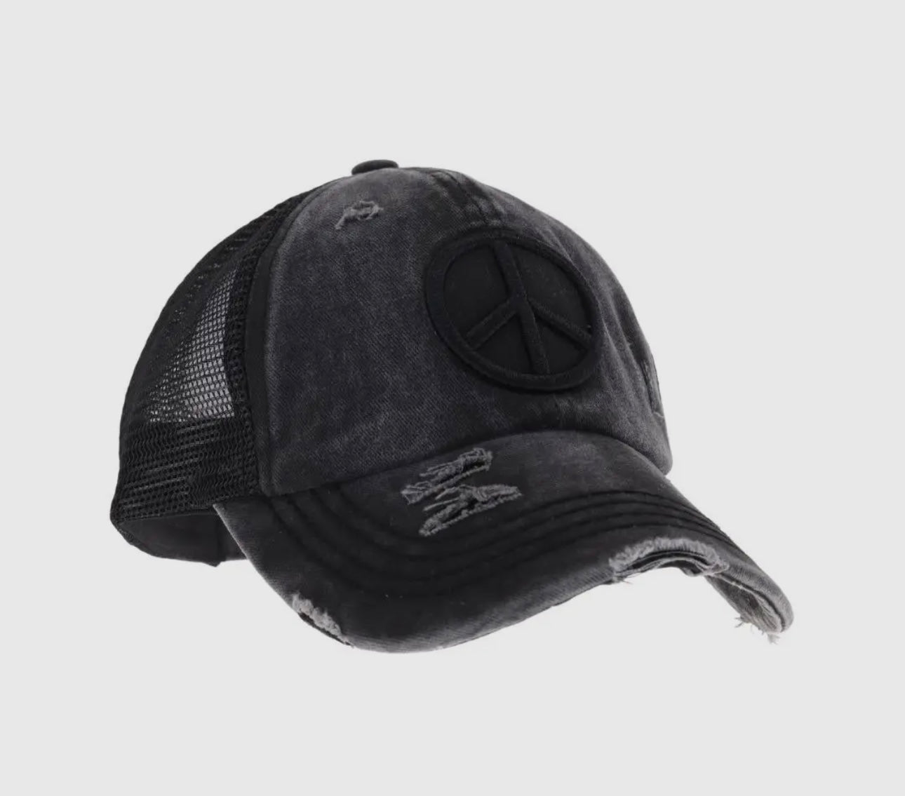 Distressed Embroidered Peace Sign Criss Cross Cap