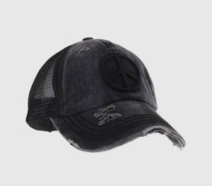 Distressed Embroidered Peace Sign Criss Cross Cap
