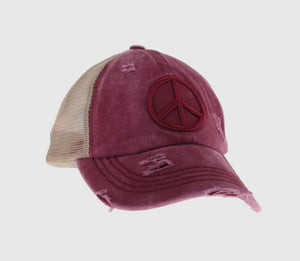 Distressed Embroidered Peace Sign Criss Cross Cap