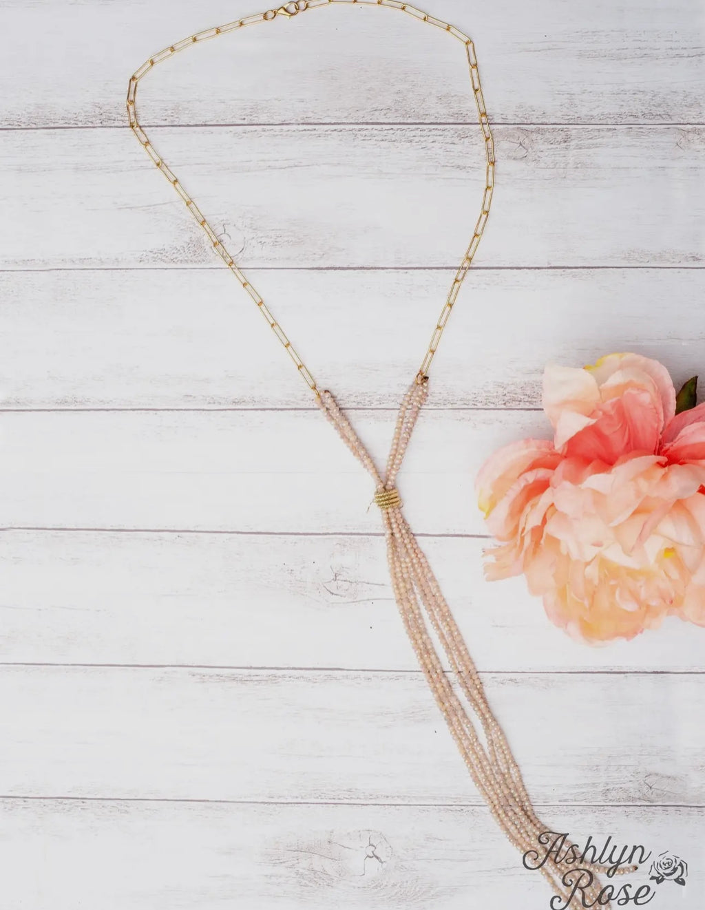 Champagne Popping Light Pink Crystal Tassel On A Gold Linked Chain Necklace