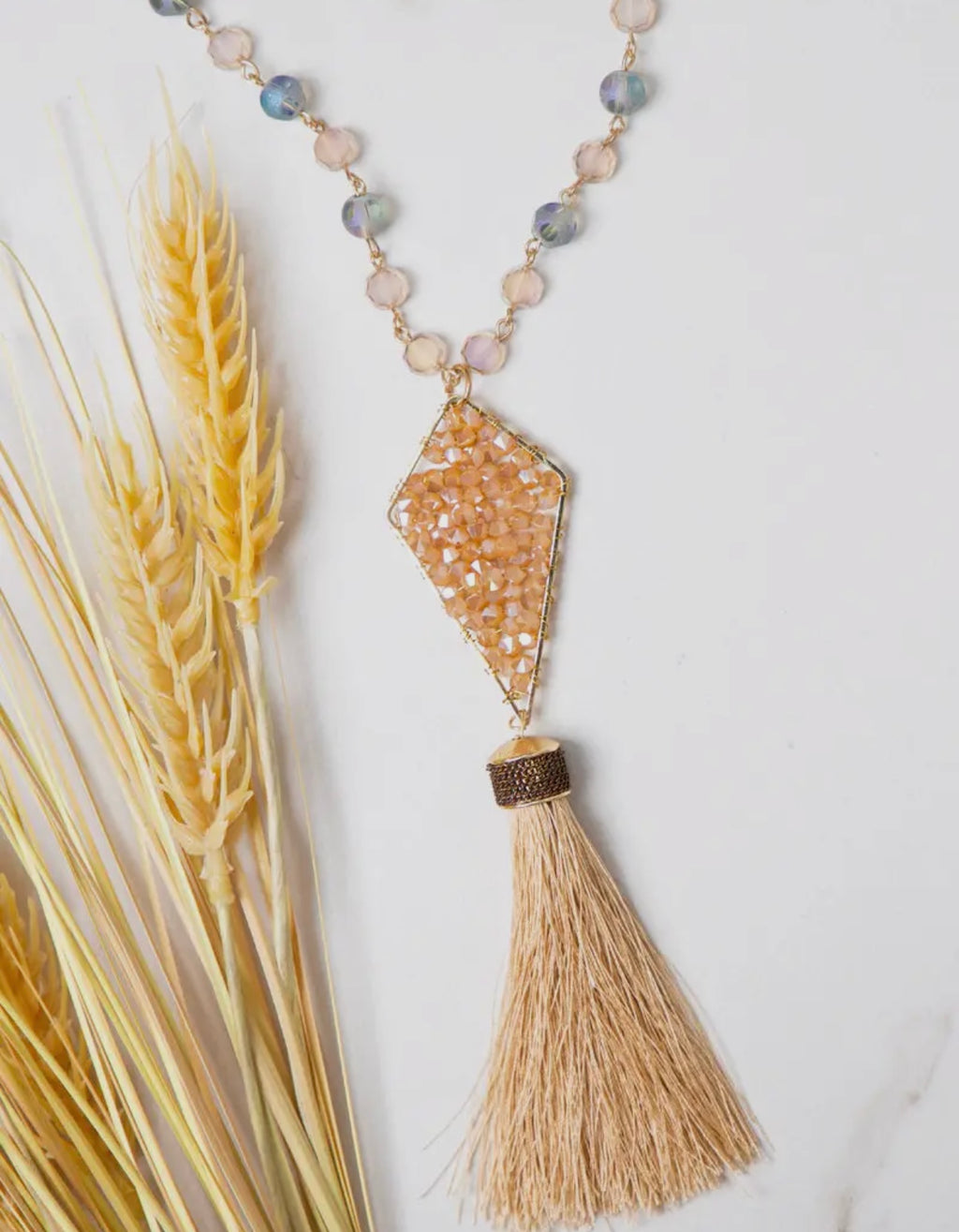 Evening Allure Drop Necklace with Tassel, Iridescent Beige