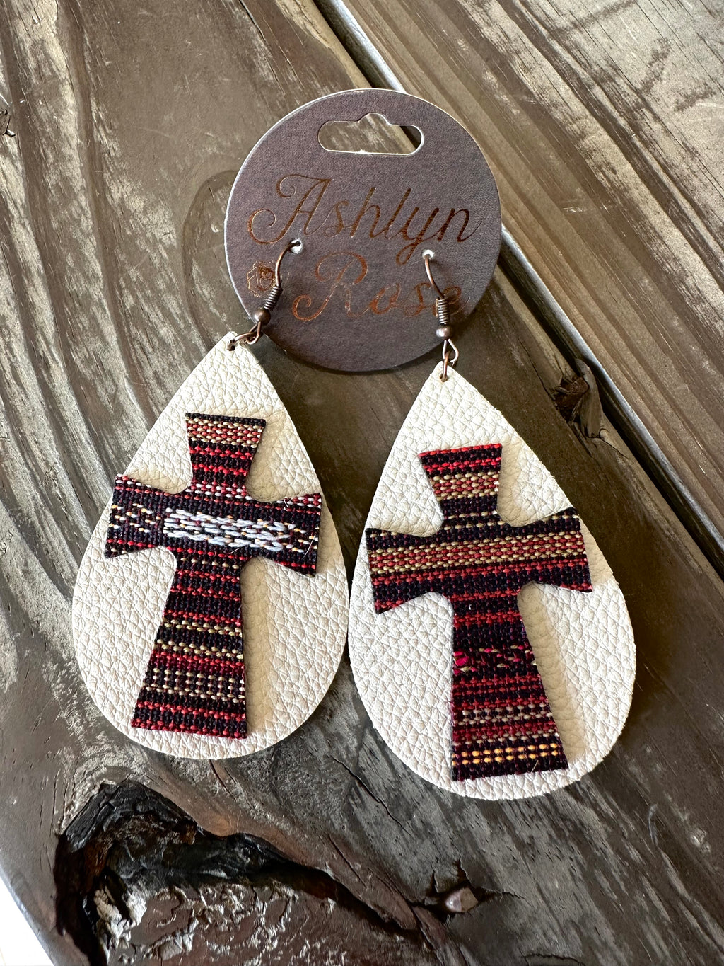 Serape Cross Leather Teardrop Earrings, Burgundy