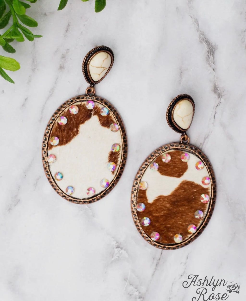 Say My Name Brown Cowhide Crystal Oval Drop Earrings