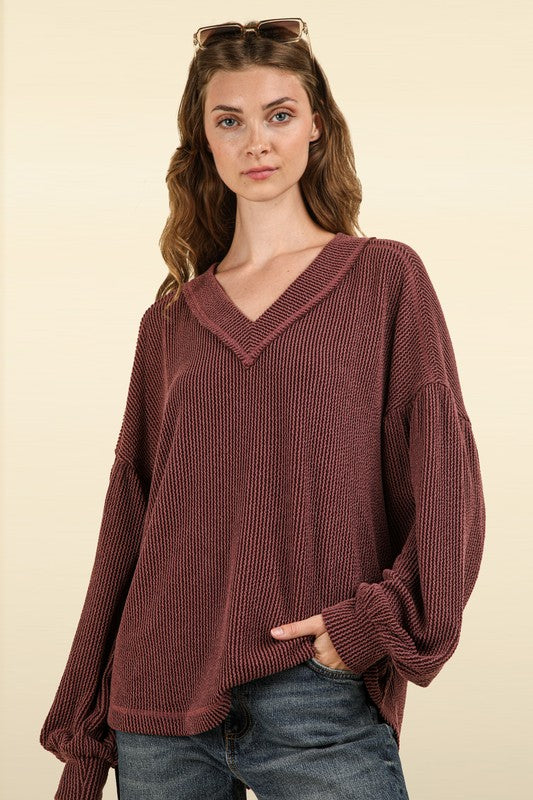 Wine V-neck Knit Top