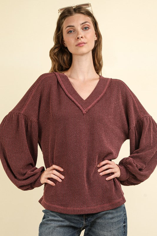 Wine V-neck Knit Top