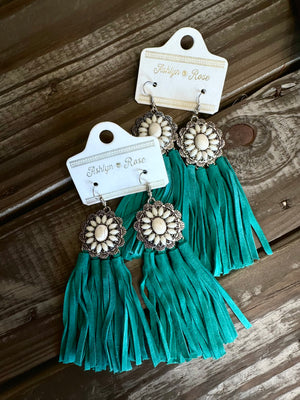 Howdy Babe White Floral Concho Turquoise Tassel Earrings