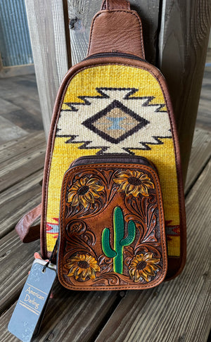 Saddle Blanket & Tooled Sunflower Cactus Sling Bag