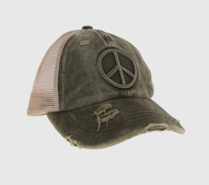 Distressed Embroidered Peace Sign Criss Cross High Pony C.C