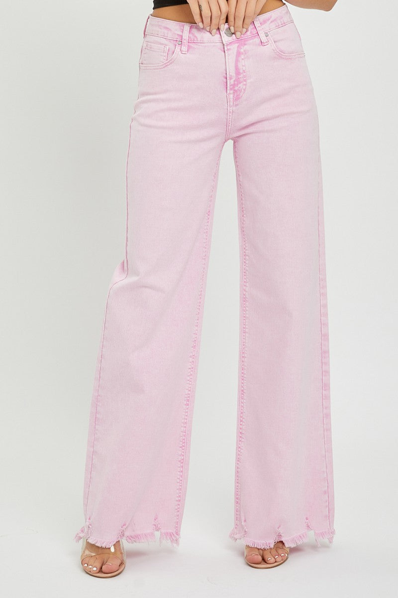 Pink Acid Wash High Rise Wide Leg Jeans