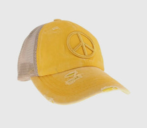 Distressed Embroidered Peace Sign Criss Cross High Pony C.C