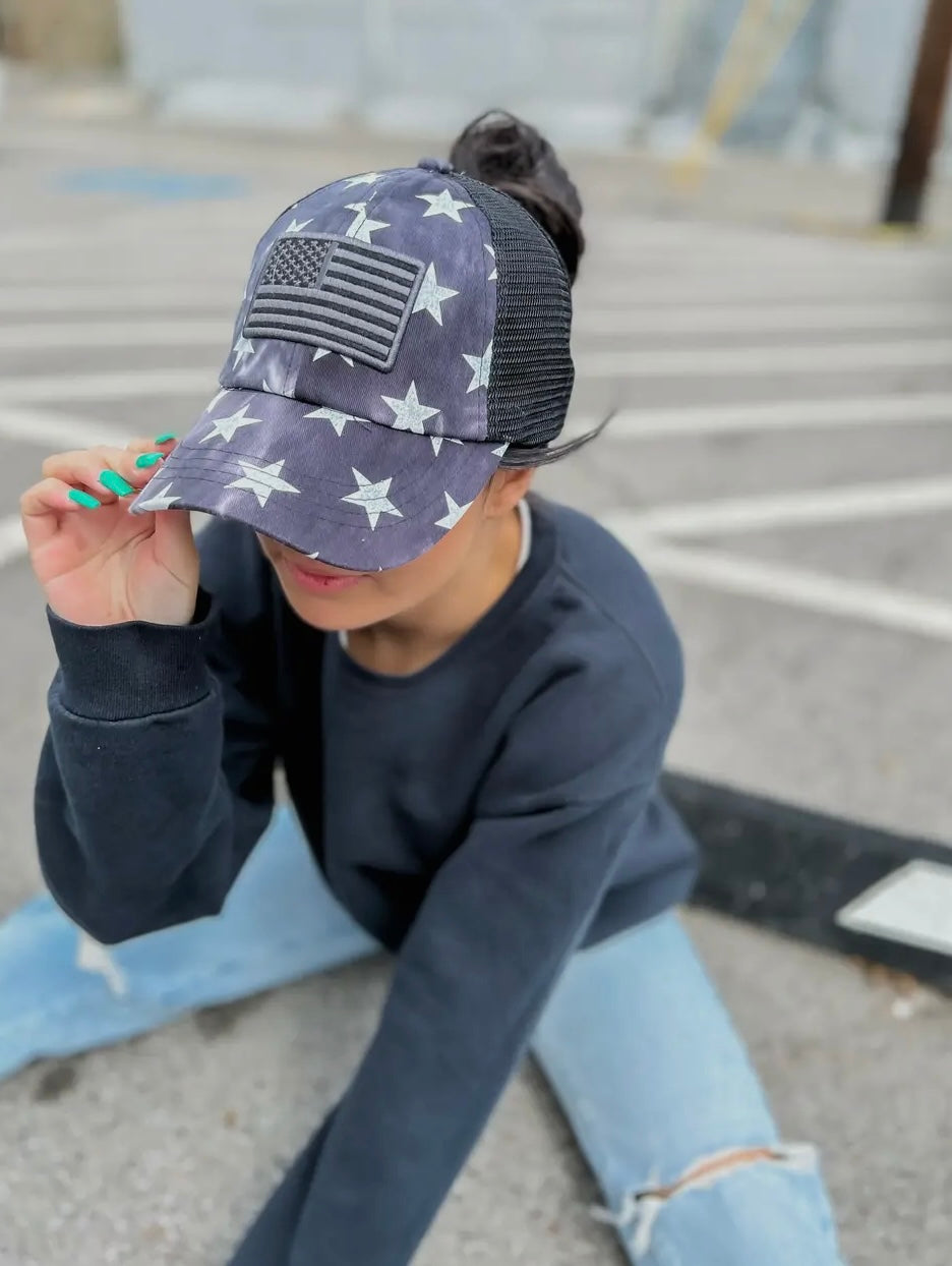 Tie Dye Star Print with USA Flag Patch Criss Cross High Pony