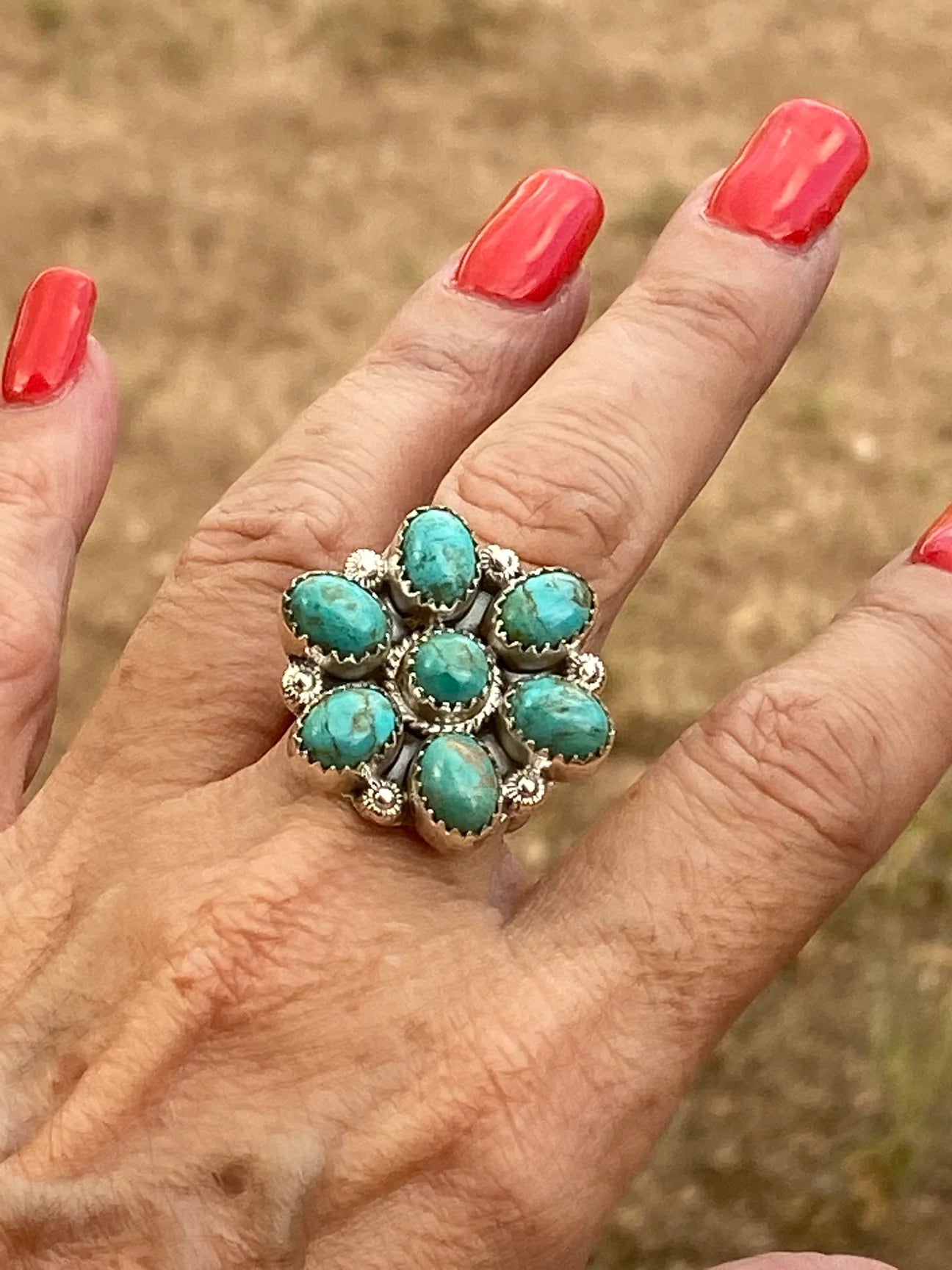 Floral Kingman Turquoise and Sterling Silver Adjustable Ring