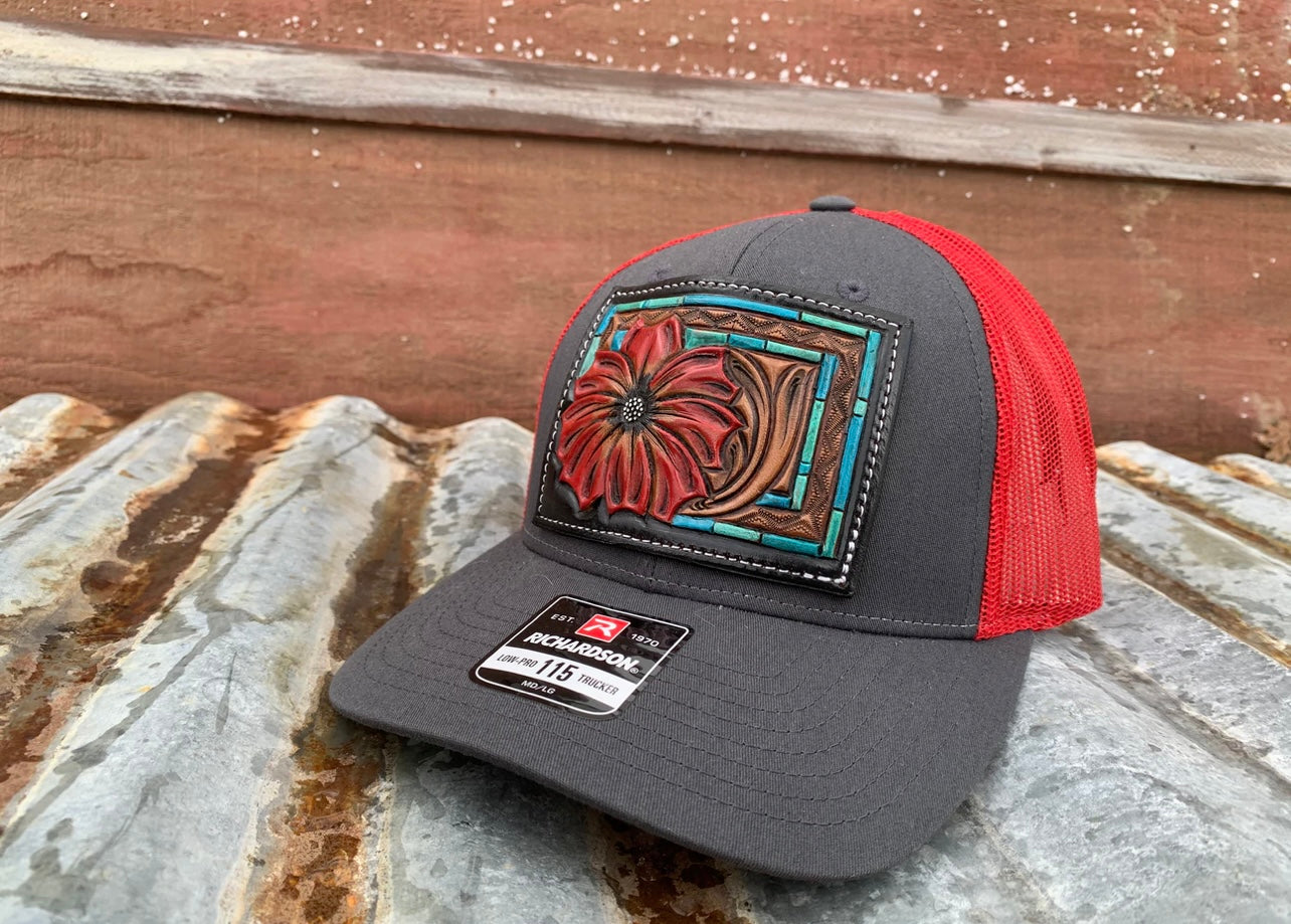 Red and Charcoal Daisy Patch Hat