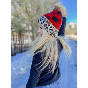Leopard/Buffalo Mixed Print Fur Pom CC Beanie-Red/BLACK