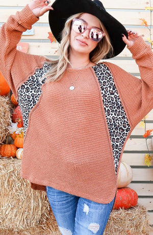 Camel Sweater Top W/ Leopard Print