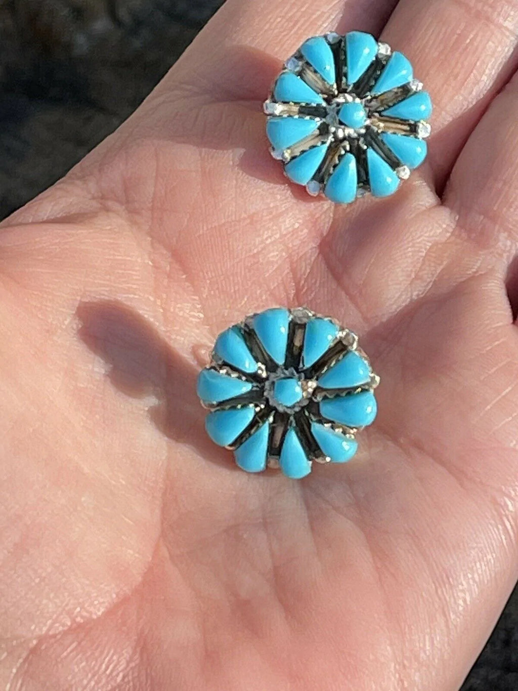 Navajo Sterling Silver & Turquoise Cluster Stud Earrings Signed