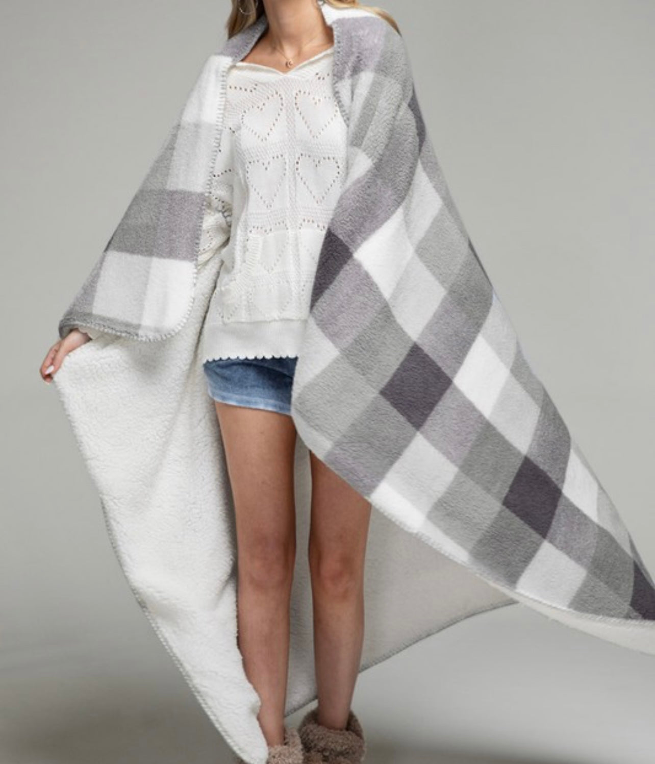 Grey Plaid Sherpa Throw Blanket