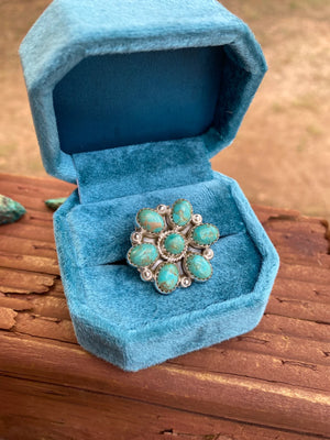 Floral Kingman Turquoise and Sterling Silver Adjustable Ring