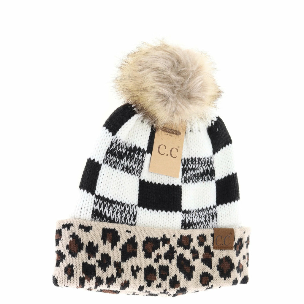 Leopard/Buffalo Mixed Print Fur Pom CC Beanie-WHITE/BLACK
