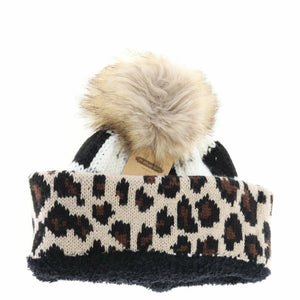 Leopard/Buffalo Mixed Print Fur Pom CC Beanie-WHITE/BLACK