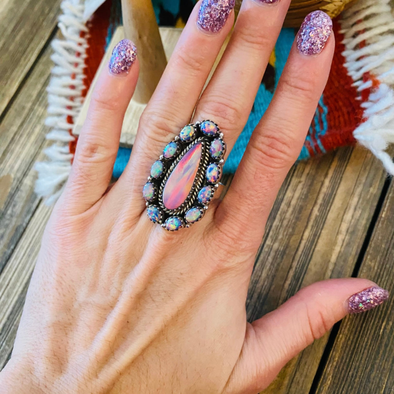 Sterling Silver & Aurora Opal Cluster Adjustable Ring